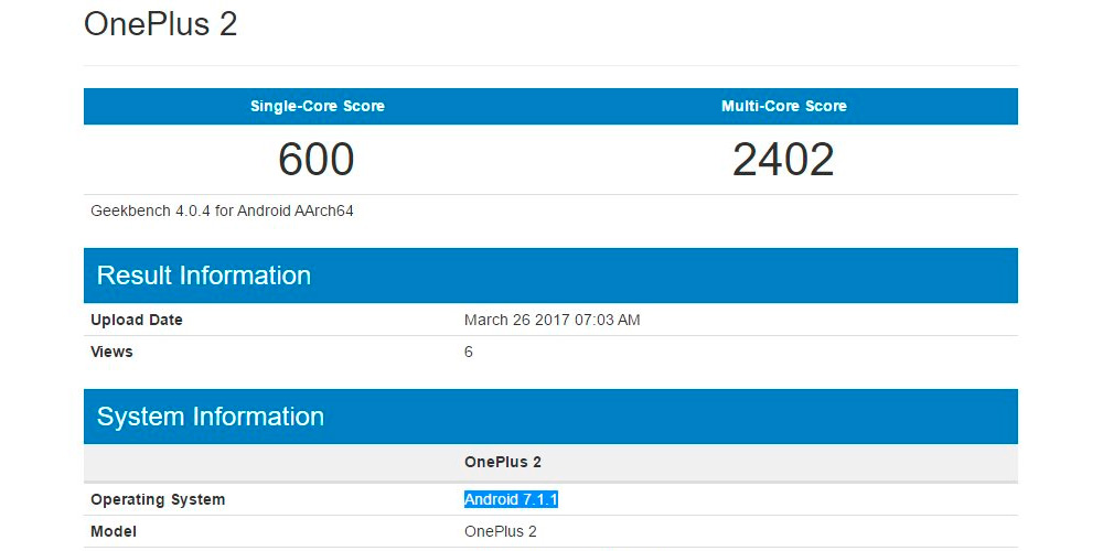 OnePlus 2 appears in Geekbench updated to Android 7.1.1 Nougat 1